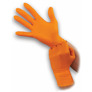 Super tough orange 8mil powder free nitrile disposable gloves with aggressive diamond grip. Touchscreen compatible, food safe and resists most chemicals. Latex Free. Not for Medical Use. 100/box. Sm