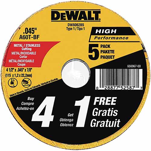 DW8062B5 Dewalt 4-1/2" Type 1 Metal Cutting Wheels (Pac