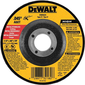 DW8424 Dewalt Cut-Off Wheel 4 1/2 X .045 X 7/8 Depress.Ctr.
