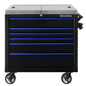 EX4106TCSBKBL Extreme Tools Ex Series 41" 6 Drawer Stainless Steel Sliding Top Tool Cart With Bumpers  Black With Blue Drawer Pulls