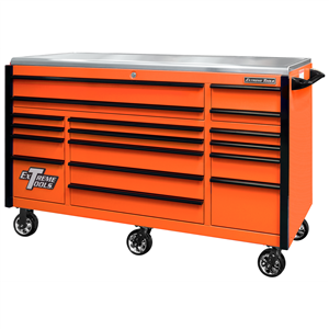 EXQ Professional Series 72"Wx30"D 17 Drawer Triple Bank Roller Cabinet, Orange with Black Quick Release Anodized Aluminum Drw Pulls, 300-600 lbs. Drw Capacity, Stainless Steel Top