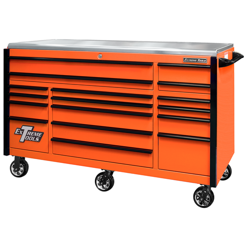 EXQ Professional Series 72"Wx30"D 17 Drawer Triple Bank Roller Cabinet, Orange with Black Quick Release Anodized Aluminum Drw Pulls, 300-600 lbs. Drw Capacity, Stainless Steel Top