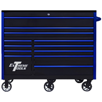 Extreme Tools RX Series Professional 55"W x 25"D 12 Drawer Roller Cabinet 150 lbs slides Black, Blue Drawer Pulls