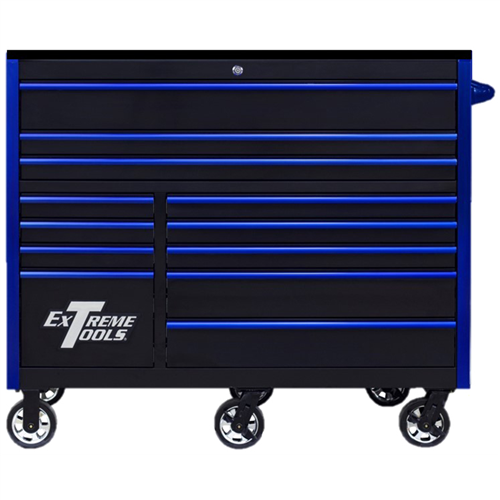 Extreme Tools RX Series Professional 55"W x 25"D 12 Drawer Roller Cabinet 150 lbs slides Black, Blue Drawer Pulls