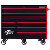 Extreme Tools RX Series Professional 55"W x 25"D 12 Drawer Roller Cabinet 150 lbs slides Black, Red Drawer Pulls
