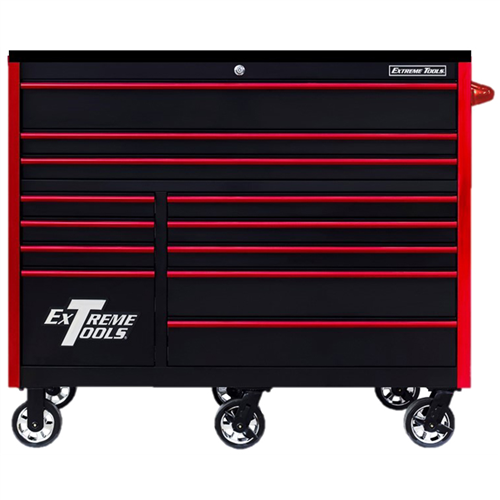 Extreme Tools RX Series Professional 55"W x 25"D 12 Drawer Roller Cabinet 150 lbs slides Black, Red Drawer Pulls