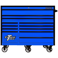 Extreme Tools RX Series Professional 55"W x 25"D 12 Drawer Roller Cabinet 150 lbs slides Blue, Black Drawer Pulls
