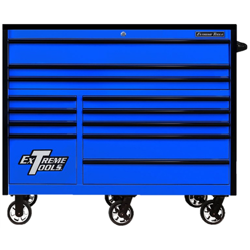 Extreme Tools RX Series Professional 55"W x 25"D 12 Drawer Roller Cabinet 150 lbs slides Blue, Black Drawer Pulls