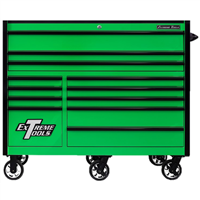 Extreme Tools RX Series Professional 55"W x 25"D 12 Drawer Roller Cabinet 150 lbs slides Green, Black Drawer Pulls