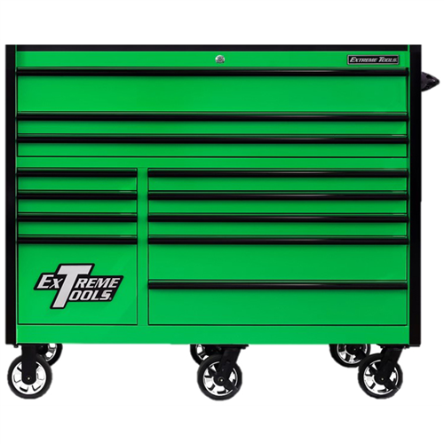 Extreme Tools RX Series Professional 55"W x 25"D 12 Drawer Roller Cabinet 150 lbs slides Green, Black Drawer Pulls