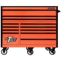 Extreme Tools RX Series Professional 55"W x 25"D 12 Drawer Roller Cabinet 150 lbs slides Orange, Black Drawer Pulls