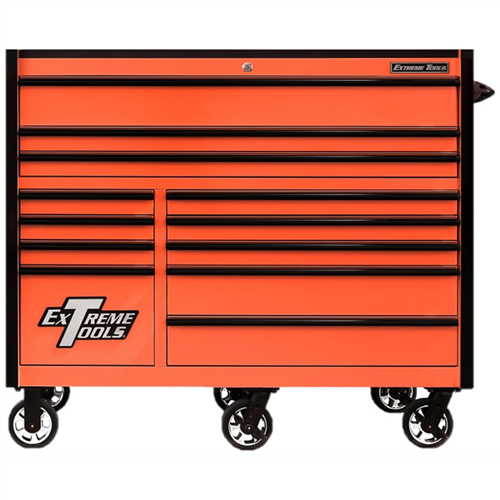 Extreme Tools RX Series Professional 55"W x 25"D 12 Drawer Roller Cabinet 150 lbs slides Orange, Black Drawer Pulls