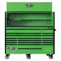 RX723020HRGK Extreme Tools Rx Series 72"W X 30"D Pro Hutch & 19 Drawer Roller Cabinet Combo; Green W Black Drawer Pulls