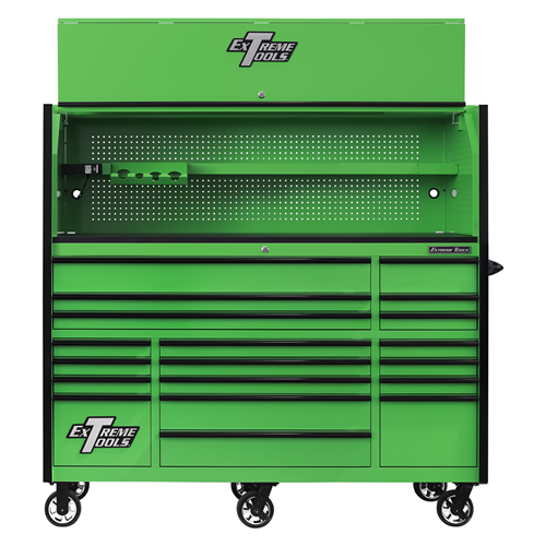 RX723020HRGK Extreme Tools Rx Series 72"W X 30"D Pro Hutch & 19 Drawer Roller Cabinet Combo; Green W Black Drawer Pulls