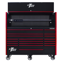 RX723020HRKR Extreme Tools Rx Series 72"W X 30"D Pro Hutch & 19 Drawer Roller Cabinet Combo; Black W/ Red Drawer Pulls