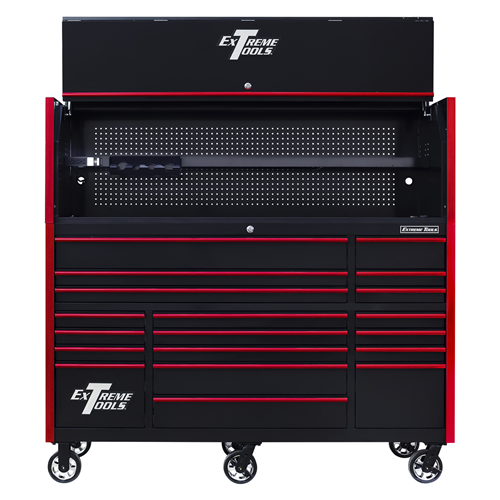 RX723020HRKR Extreme Tools Rx Series 72"W X 30"D Pro Hutch & 19 Drawer Roller Cabinet Combo; Black W/ Red Drawer Pulls