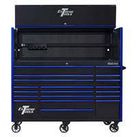 RX723020HRKU Extreme Tools Rx Series 72"W X 30"D Pro Hutch & 19 Drawer Roller Cabinet Combo; Black W Blue Drawer Pulls