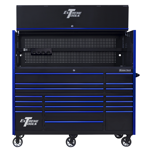 RX723020HRKU Extreme Tools Rx Series 72"W X 30"D Pro Hutch & 19 Drawer Roller Cabinet Combo; Black W Blue Drawer Pulls