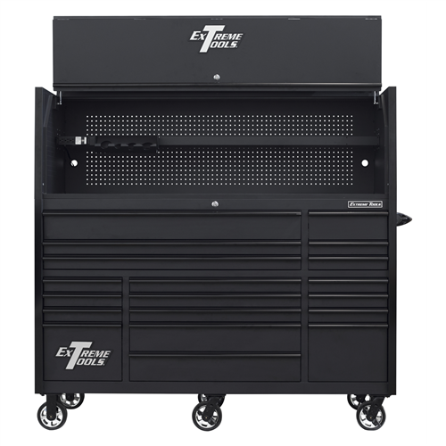 RX723020HRMK Extreme Tools Rx Series 72"W X 30"D Pro Hutch & 19 Drawer Roller Cabinet Combo; Matte Black W Black Drawer Pulls