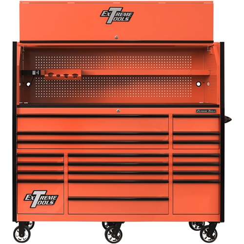 RX723020HROK Extreme Tools Rx Series 72"W X 30"D Pro Hutch & 19 Drawer Roller Cabinet Combo; Orange W Black Drawer Pulls