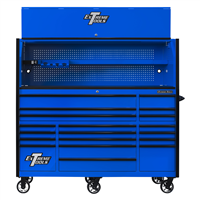 RX723020HRUK Extreme Tools Rx Series 72"W X 30"D Pro Hutch & 19 Drawer Roller Cabinet Combo; Blue W Black Drawer Pulls