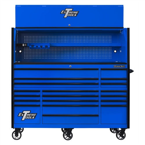 RX723020HRUK Extreme Tools Rx Series 72"W X 30"D Pro Hutch & 19 Drawer Roller Cabinet Combo; Blue W Black Drawer Pulls