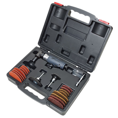 302BK Ingersoll Rand Right Angle Air Die Grinder Kit, 1/4" Collet, Burr, 20000 RPM, Rear Exhaust, 0.33 HP, Includes Variety of 2� and 3� Backing Pads, Sanding Disks, Polishing Disks and Case