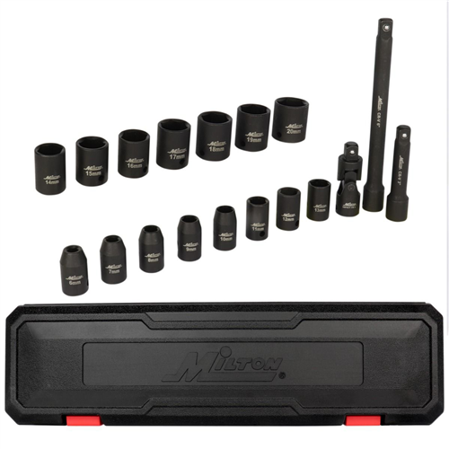 1300-SS-01 Milton Industries 3/8" Drive Shallow 6-Point Impact Socket Set, 6-20Mm, Steel Coated Black Oxide Finish W/ Universal Joint & Extension Bars (18-Piece)