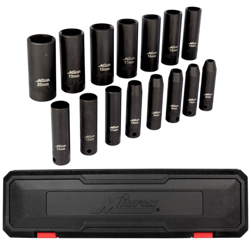 1300-SS-02 Milton Industries 3/8" Drive Deep 6-Point Impact Socket Set, 6-20Mm, Steel Coated Black Oxide Finish (15-Piece)