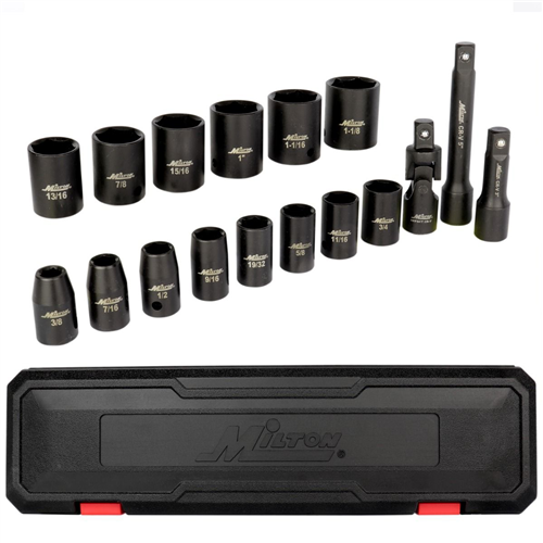 1300-SS-03 Milton Industries 1/2" Drive Shallow 6-Point Impact Socket Set, 3/8"-1-1/8" Sae, Steel Coated Black Oxide Finish W/ Universal Joint & Extension Bars (17-Piece)