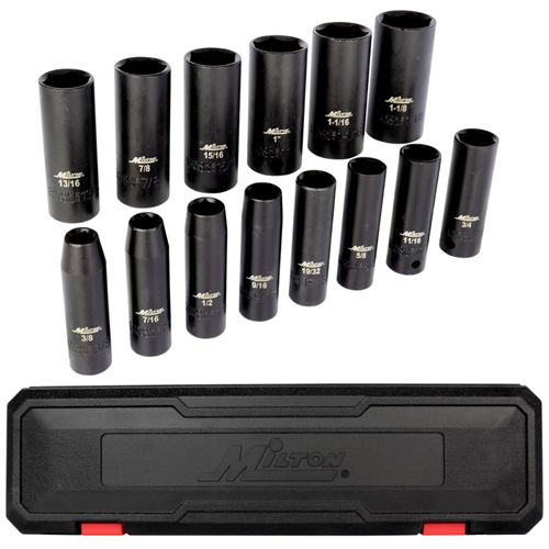 1300-SS-04 Milton Industries 1/2" Drive Deep 6-Point Impact Socket Set, 3/8"- 1-1/8" Sae, Steel Coated Black Oxide Finish (14-Piece)