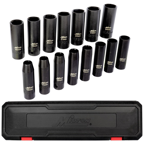 1300-SS-05 Milton Industries 1/2" Drive Deep 6-Point Impact Socket Set, 10-24Mm Metric, Steel Coated Black Oxide Finish (15-Piece)