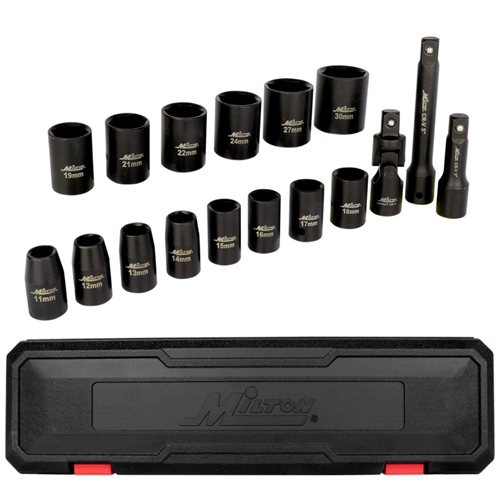 1300-SS-06 Milton Industries 1/2" Drive Shallow 6-Point Impact Socket Set, 11-30Mm Metric, Steel Coated Black Oxide Finish W/ Universal Joint & Extension Bars (17-Piece)