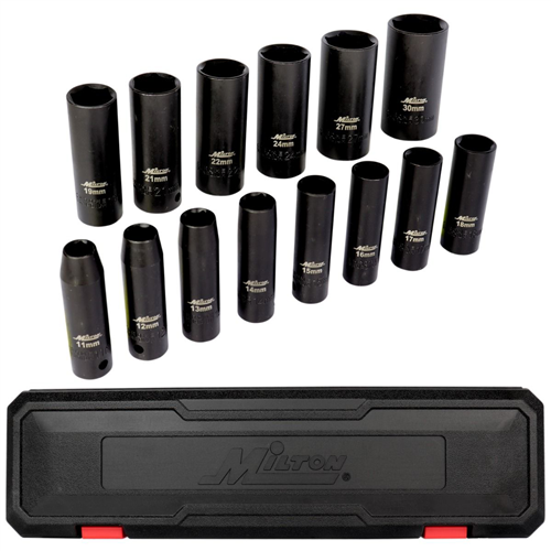 1300-SS-07 Milton Industries 1/2" Drive Deep 6-Point Impact Socket Set, 11-30Mm Metric, Steel Coated Black Oxide Finish (14-Piece)