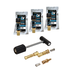 Mini-EZ&trade; POE-Based EV A/C dye injection kit with TP9815EV-P3 dye cartridges (compatible with R-134a and R-1234yf EV systems), solid-brass swivel-type R-134a coupler with check valve and purge fitting, R-1234yf adapter