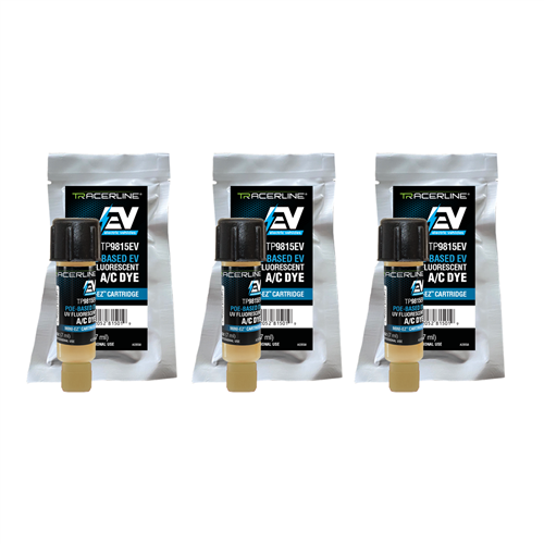 (3) 0.25 oz (7 ml) Mini-EZ&trade; single-dose POE-Based EV A/C dye cartridges (compatible with R-134a and R-1234yf systems)Three 0.25 oz  Mini-EZ&trade; single-dose POE-Based EV A/C dye cartridges (for R-134a and R-1234yf systems