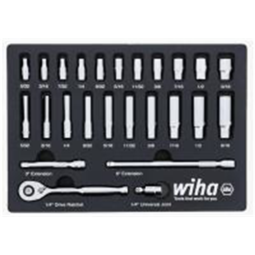 33396 Wiha Set Includes - 11 Standard Sockets 5/32” - 9/16” | 10 Deep Sockets 5/32” - 9/16” | 1/4” Drive Ratchet 72 Tooth | 1/4” Drive Extension Bars 3”, 6” | 1/4” Drive Universal Joint