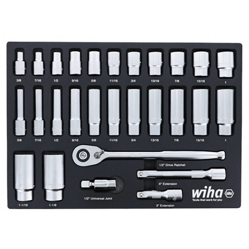 33896 Wiha Set Includes - 11 Standard Sockets 3/8” - 1” | 13 Deep Sockets 3/8” - 1-1/8” | 1/2” Dr. Ratchet 72 Tooth | 1/2” Dr. Extension Bars 3”, 6” | 1/2” Dr. Universal Joint