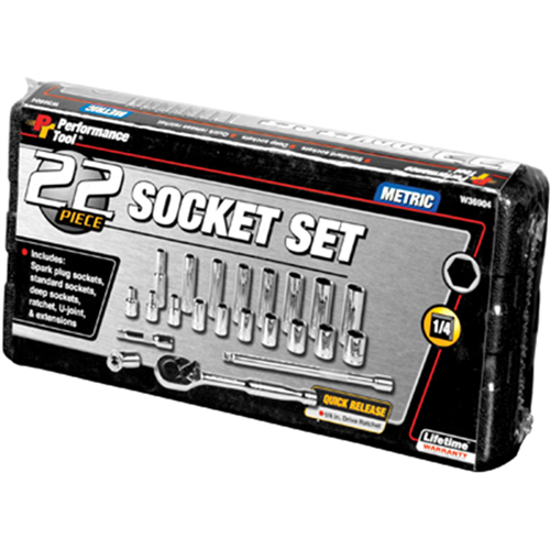 W36904 Wilmar Corp. / Performance Tool 22Pc.Metric 1/4" Dr.Socket Set W/Pro Style Ratchet