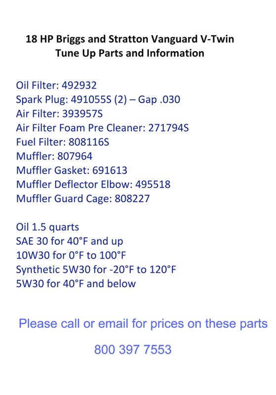 18 HP Briggs and StrattonTune Up Parts and Info. Banner